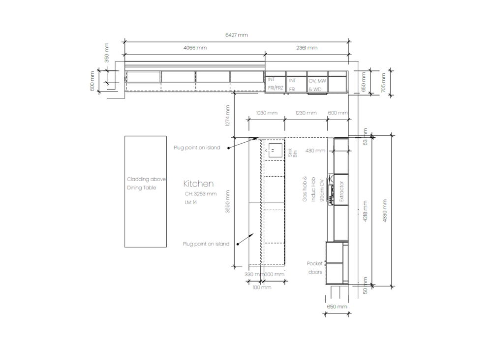 A black-and-white architectural kitchen layout drawing with dimension annotations, showing front, side, and top views of cabinetry and measurements around the kitchen and dining table.