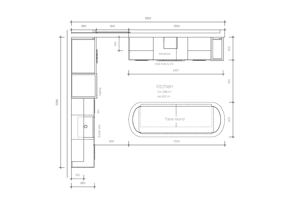 A black-and-white kitchen layout plan with dimension annotations, showing cabinet heights and widths, a table island, and labeled sections including breakfast bar, dining area, and kitchen.